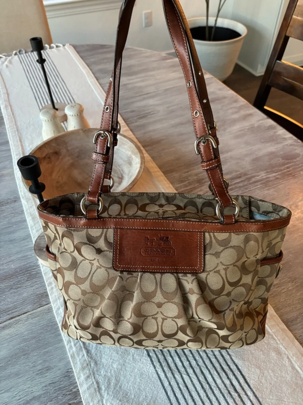 🍃🦋 Coach Heritage Brown Signature Canvas Tote with Leather Trim 12729 - Picture 5 of 16
